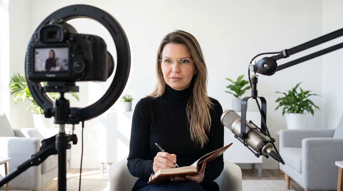 Professional woman practicing stress management and mindfulness in an elegant home office